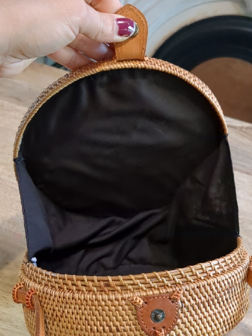 Woven Round Crossbody Bag in Natural Tan - Picture 8 of 11